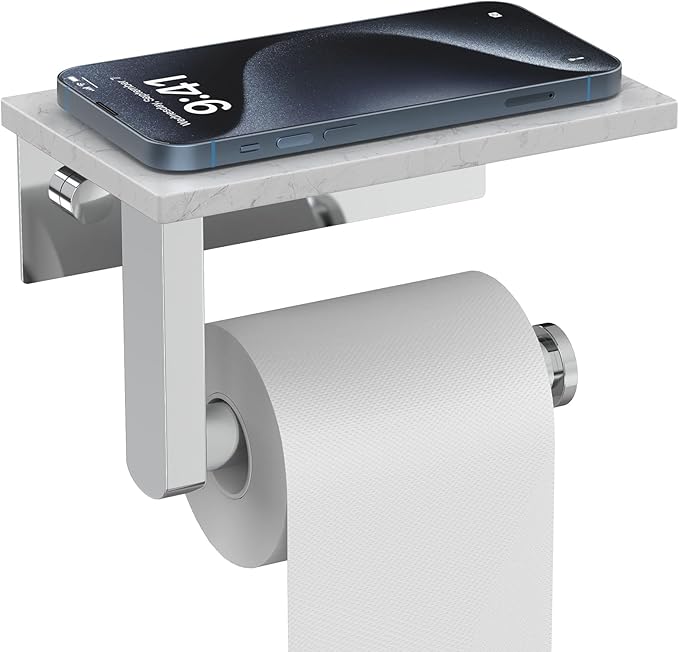 Marble Toilet Paper Holder with Shelf, Evolvegoods Chrome Bathroom Toilet Paper Holder Wall Mount, 304 Stainless Steel Modern Toilet Paper Roll Holder Storage Tissue Holder