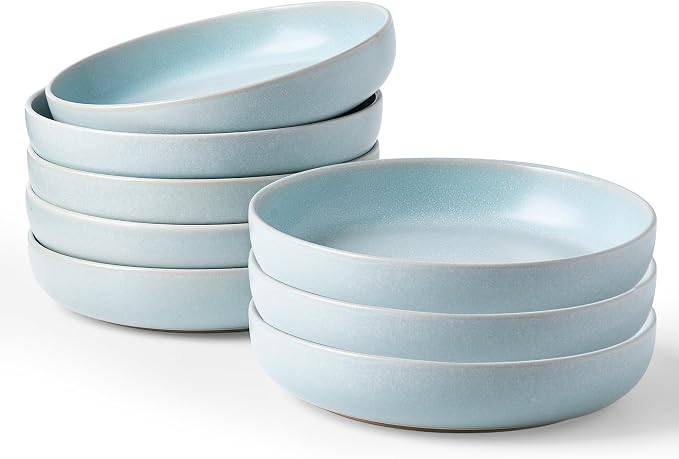 famiware Milkyway Pasta Bowls Set of 8, 33 oz Large Salad Bowls, Double Reactive Glaze, Sturdy & Stackable, Ideal for Housewarming, Festivals, Light Blue