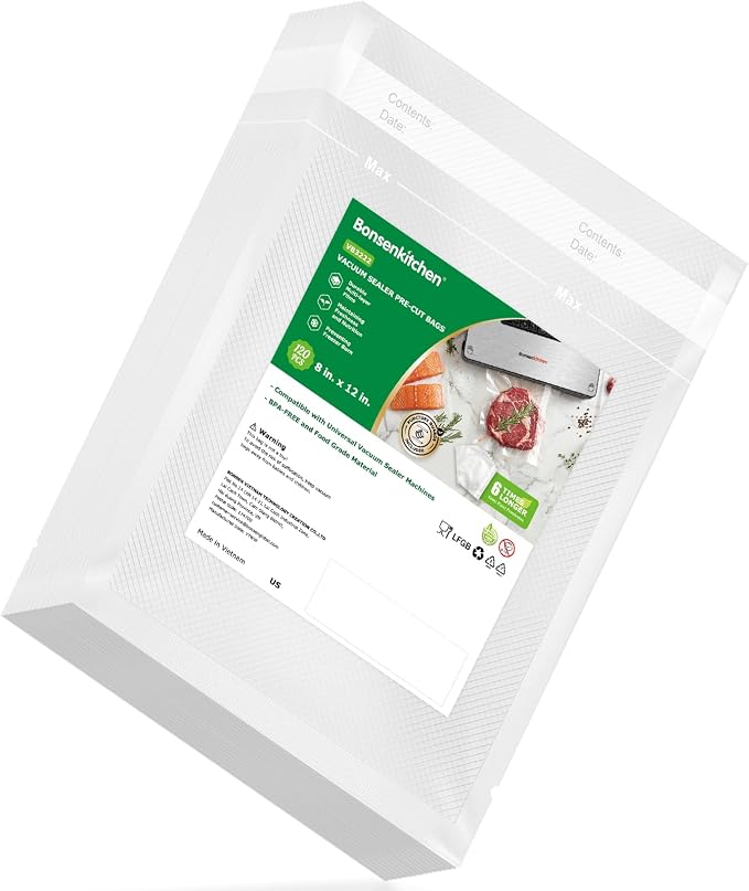 Bonsenkitchen Precut Vacuum Bags 120 Quart 8" x 12" | BPA Free, Textured Food Sealer Bag, Thick Embossed, Sous Vide Cooking Bags for Storage