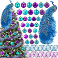 39 Pcs Christmas Tree Decorations Peacock Topper Ornaments Ribbon Blue and Purple Balls Christmas Tree Hanging Ornaments for Xmas Home Office Decorations