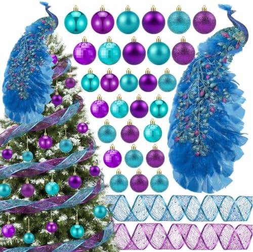 39 Pcs Christmas Tree Decorations Peacock Topper Ornaments Ribbon Blue and Purple Balls Christmas Tree Hanging Ornaments for Xmas Home Office Decorations