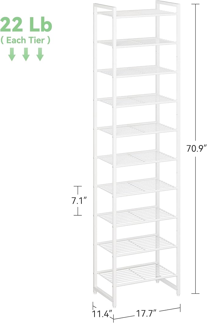 Nunsino Narrow Shoe Rack, 10-Tier Metal Shoe Organizer,Tall Shoe Shelf with Anti-Tip Strap, Max Holds 22 Pairs,Space Saving for Closet,Entryway,White