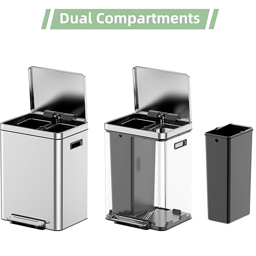 Takywep 2x8 Gallon Stainless Steel Trash Can with Soft-Close Lid & Foot Pedal, Rectangular Recycling Bin with 2 Removable Buckets for Kitchen, Office, Home Waste Separation