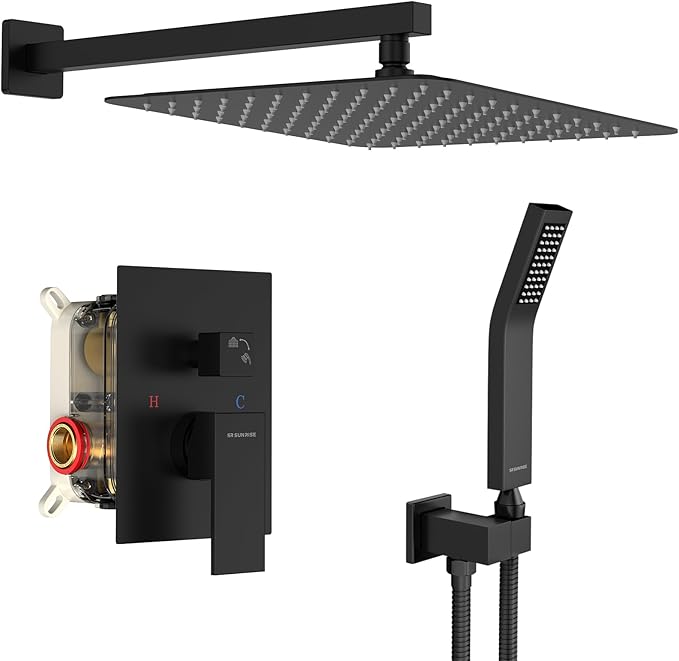 SR SUN RISE 12 Inches Matte Black Shower System 12 Inch Brass Bathroom Luxury Rain Mixer Shower Combo Set Wall Mounted Rainfall Shower Head System Shower Faucet Rough-in Valve Body and Trim Included