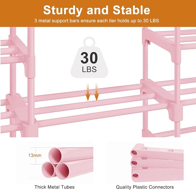 WOWLIVE 9 Tiers Shoe Rack Shoe Storage Shoe Organizer 50-55 Pairs Shoe Tower Unit Shelf Durable Metal Pipes with Plastic Connectors Stackable Cabinet Pink