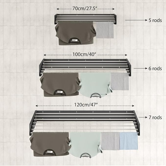 Step Up Laundry Drying Rack (40-INCH Industrial Gray), Wall Mounted, Retractable Clothes Drying Rack, 60lbs Capacity, 20 Linear Ft, with Wall Template and Long Screwdriver Bit