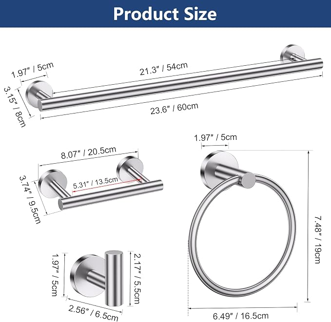 TQKAG Brushed Nickel 5 Piece Bathroom Hardware Accessories Set 23.6" SUS304 Stainless Steel Bathroom Towel Bar Holder Sets Double Post Pivoting Toilet Paper Holder Set Wall Mounted
