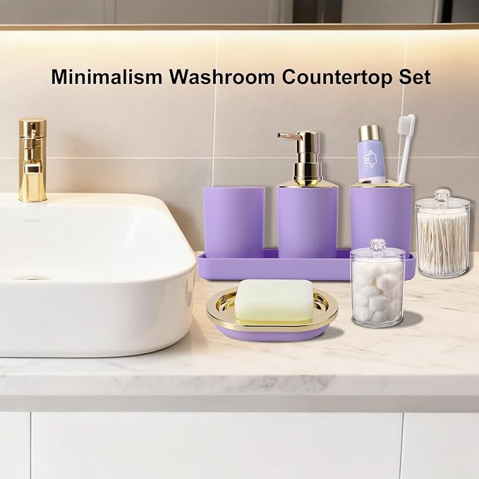 25 Pieces Bathroom Set Purple and Gold Bathroom Accessories Set, Shower Curtain and Rugs, Trash Can, Toilet Brush, Soap Dispenser, Soap Dish, Toothbrush Holder, Tumbler, Tray, Qtip Holder