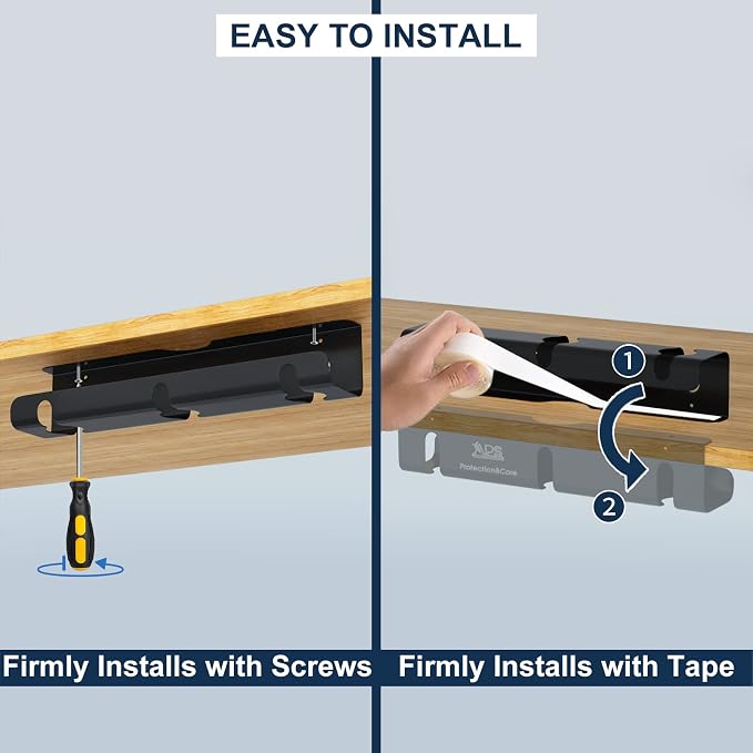 Under Desk Cable Management Tray (2 Pack) - 16" Sturdy Metal Wire Management Under Desk, Under Desk Cable Tray, Holds 15lbs+ Wire Management and Cord Organizer for Home Office Standing Desk - Black