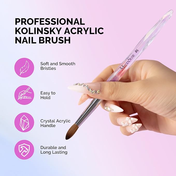 MelodySusie Kolinsky Acrylic Nail Brush, 100% Pure Kolinsky Hair, Professional Nail Brush for Acrylic Powder Nail Extension and 3D Nail Carving, for DIY Home Salon, Size 6