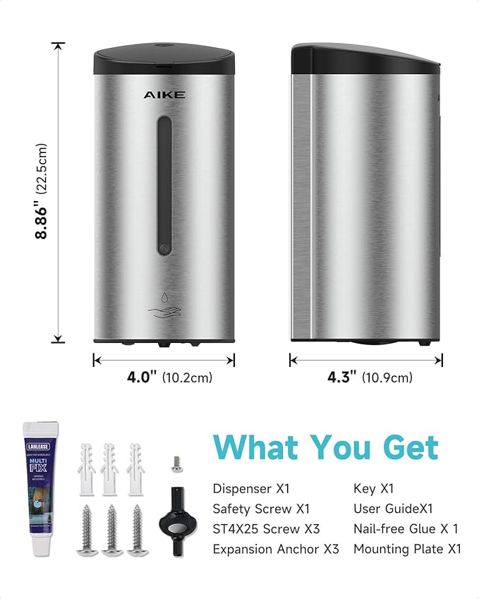 AIKE Automatic Liquid Soap Dispenser,25oz Capacity for Bathroom,Brushed | No-Drill and Screw Wall Mount Install Design for Space-Saving,4*AA batteries(Not Included) Ensure Long Standby,Model AK1205E