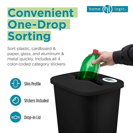 Home Logic Recycling Bin System, 3 Pack Waste Sorting Containers with Stickers, Plastic Trash Cans for Kitchen Garage Home Recycling Organization, 13 Gallon, Black