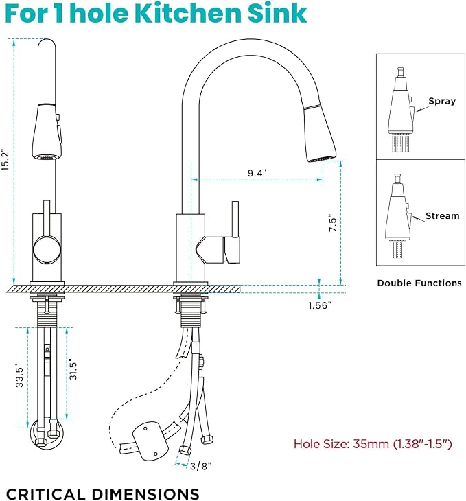 Kicimpro Matte Black Kitchen Faucet with Pull Down Sprayer, 304 Stainless Steel, 23-Inch Extended Hose Design, Three Water Functional Ways, Easy Installation | 304 Stainless Steel,10-Min DIY Install,23-Inch Pull-Down Hose,2-Function Spray,360° Swivel S...