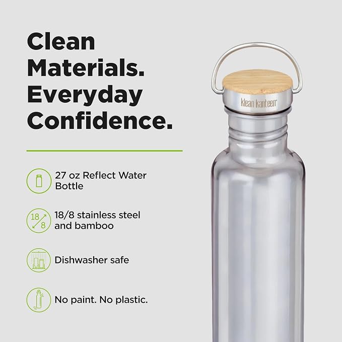 Klean Kanteen 27 oz Reflect Water Bottle with Bamboo Cap - Reusable Water Bottle - BPA-Free - Made with Stainless Steel & Food-Grade Silicone - Mirrored Stainless, 27 oz