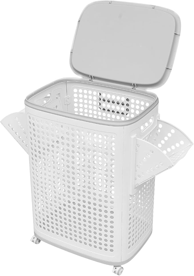 70L Laundry Basket with Wheels, Rolling Laundry Hamper with Lid and Handles, Plastic Rattan Clothes Organizer, Dirty Clothes Basket for Laundry Room, Bedroom, Dormitory Storage