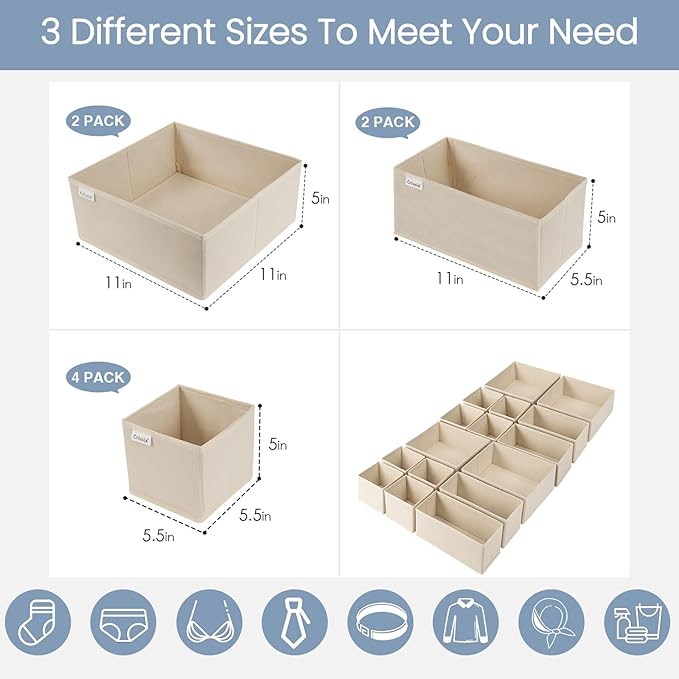 Criusia Drawer Organizer Clothes,16 Pack Underwear Drawer Organizers, Foldable Closet Organizers and Storage Dresser Drawer Dividers Clothing Organizer for Clothes, Socks, Scarves, Bra, Ties (Beige)