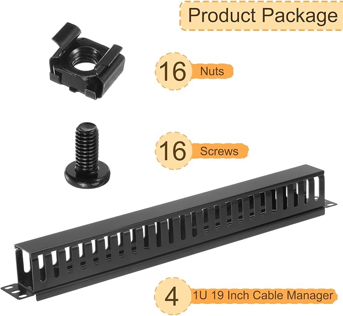PATIKIL 1U 19 Inch Cable Manager, 4 Pack 24 Slot Horizontal Rack Mount Wire Management Metal Finger Duct Wire Organizer for Network Cabinet, Black