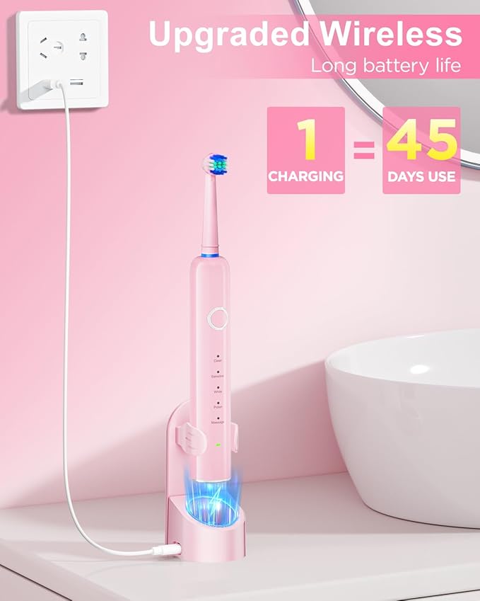 Rotating Electric Toothbrush for Adults, 8 Brush Heads (2 Types) & Travel Case, 5 Cleaning Modes Rechargeable Power Toothbrush with 2-Minute Smart Timer, Pink