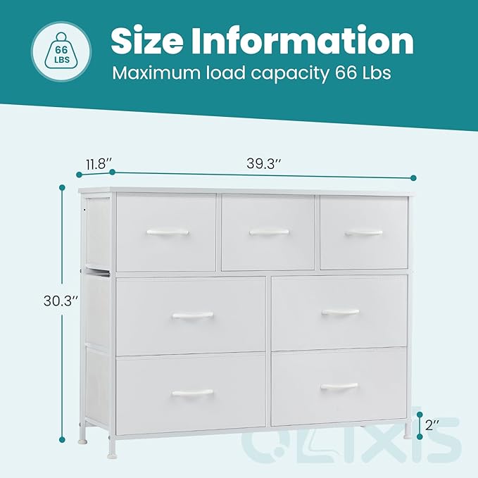 OLIXIS 7 Drawer Closet Organizer Chest, Fabric Storage Tower with Sturdy Steel Frame, Wooden Top & Easy Pull Fabric Bins, Dresser for Bedroom Living Room Entryway Clothes Organization, White