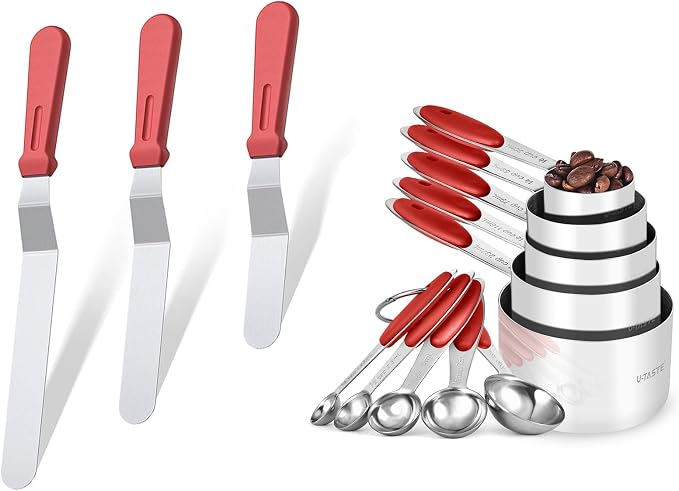 U-Taste 18/0 Stainless Steel Icing Spatula with PP Plastic Handle, and Upgraded Measuring Cups and Spoons Set of 10 with Reinforced Welded Handle (Red)