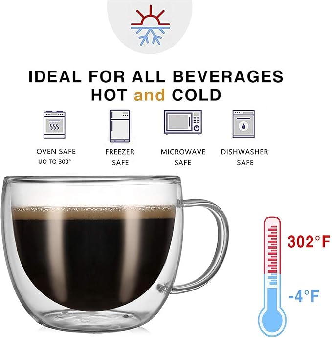 CNGLASS 8oz Double Wall Glass Coffee Mugs,Clear Insulated Espresso Glass Mugs with Handle for Latte,Cappuccino,Coffee,Set of 4