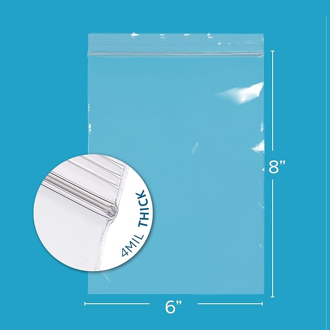 6" x 8" Heavy-Duty Zip Bags - 1000 Count - Clear Plastic Reclosable Zipper Baggies, 4 Mil Thick Freezer Storage Poly Bags with Resealable Zip Top Lock for Packaging Food, Tools & Sharp Objects.