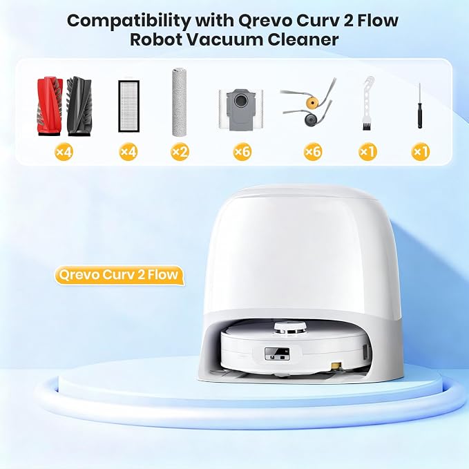 Qrevo Curv 2 Flow Replacement Accessories for Roborock Qrevo Curv 2 Flow Robot Vacuum Cleaner,4 Main Brush,2 Roller Mop Cloth, 4 HEPA Filter,6 Side Brush,6 Dust Bag,24pack