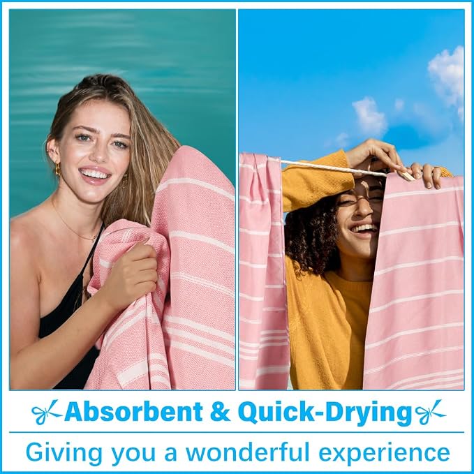 Vikumond Turkish Beach Towel Blanket Oversized 85x75 Inch Quick Dry Pink | Lightweight Compact Portable Sand Free Absorbent Boho Woven Throw for Pool Swimming Picnic Camping Cruise Outdoor Essentials