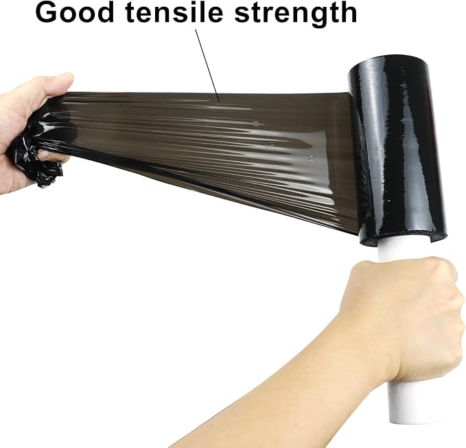 BOMEI PACK 6 Pack Industrial Black Mini Stretch Wrap Roll with Handle, 5" x 1000Feet 80 Gauge for Heavy Duty, Durable Self-Adhering Plastic Wrap for Packing, Moving