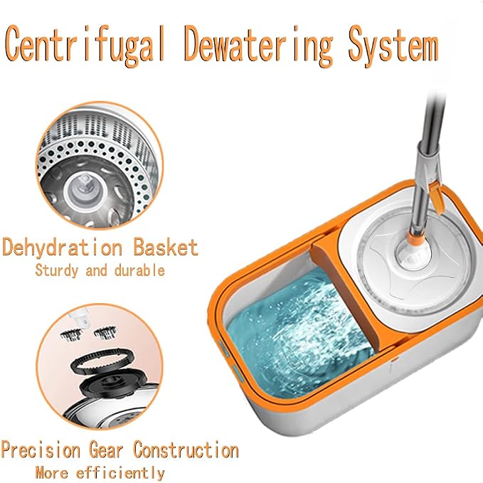 Spin Mop Bucket with Wringer System Extended Mop Handle 61＂Mop and Bucket for Floors Cleaning with 5 Replacement Head Refill 1 Cleaning Brush Head
