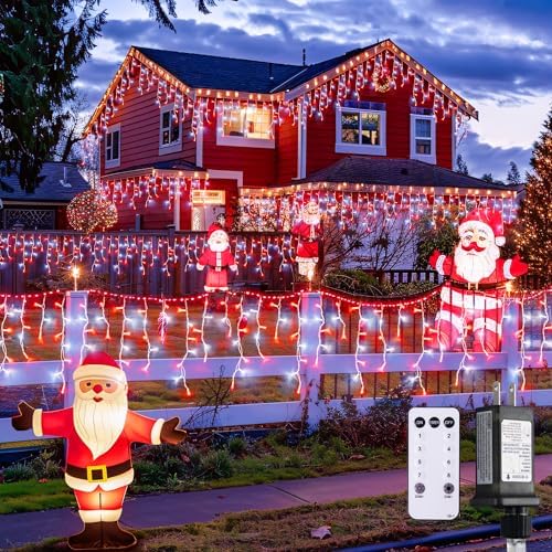 JMEXSUSS 400 LED 38.8 Ft Red and White Icicle Christmas Lights for Outside