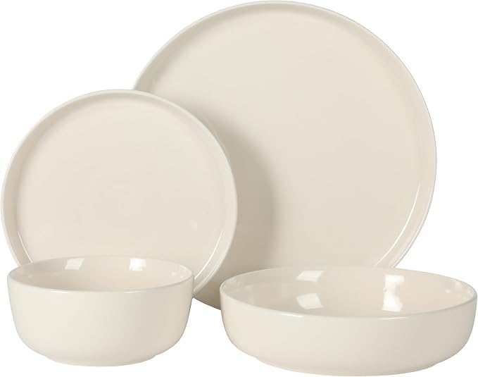 Gibson Home Serenity 16 Piece Modern Porcelain Dinnerware Set for 4, Linen White Plates and Bowls Set, Dinner Plates, Salad Plates, Pasta Bowls, Cereal Bowls