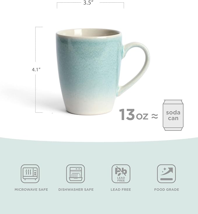 famiware Coffee Mugs Set, 13oz Mug Set of 6, Stoneware Cups for Latte, Hot Tea, Mocha, Cocoa, Cappuccino, Microwave and Dishwasher Safe, Glacier Series, Aqua