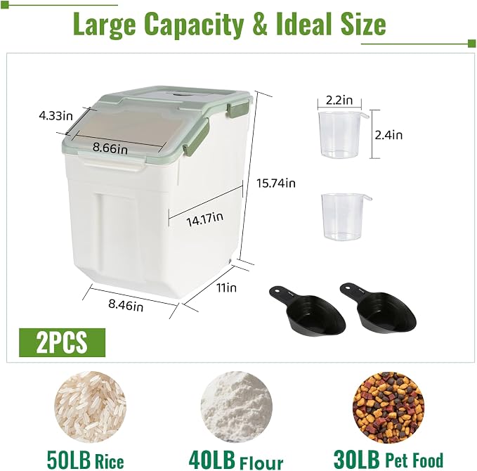 2 Pack Rice Container 50 lbs Large Bulk Flour Sugar Storage Holdhouse Plastic Grain Cereal Dry Goods Bin with Spoon and Measuring Cup for Kitchen Pantry Organization - Green