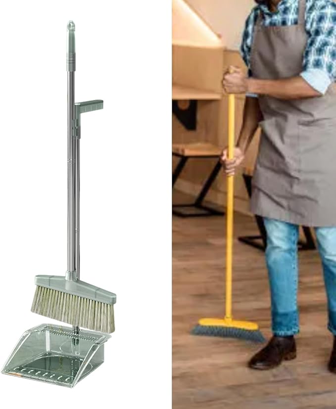 RiToEasysports Broom Dustpan Set Durable Cleaning Tool Large Sweeping Range for Home Bedroom,Stainless Steel Long Handle,PP Plastic Kit (Green)