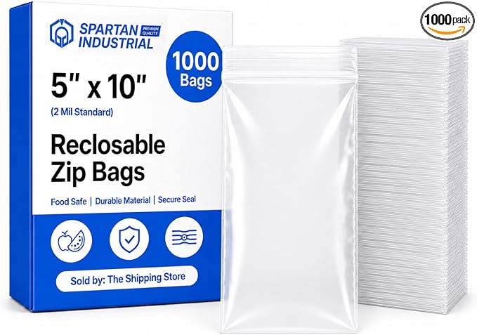 Spartan Industrial - 5” X 10” (1000 Count) 2 Mil Clear Reclosable Zip Plastic Poly Bags with Resealable Lock Seal Zipper