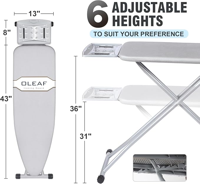 oleaf Ironing Board with Cover and Thicken Pad Height Adjustable Full Size Foldable Iron Board with Iron Rest, Stable Steel Legs, Metal Construction, Heat Resistant, Silver