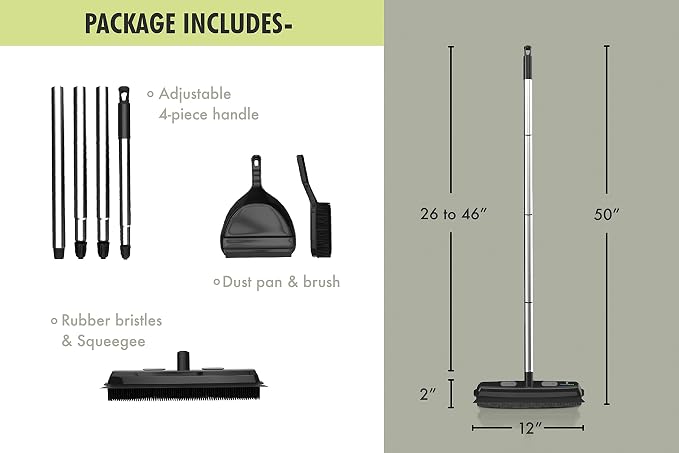 Rubber Bristle Broom and Rubber Squeegee Snap on Dustpan Set with Portable Push Broom Rug Squeegee and Extendable Telescoping Handle for Pet Hair Removal Home Office Fabric Carpet Floor Desk Black