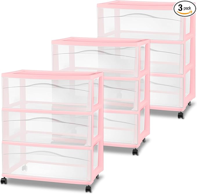 Sterilite 3 Pack Wide 3 Drawer Storage Cart, Rolling Organization, Pink | Clear Plastic Organizer Drawers with Wheels for Craft Supplies, Bath Essentials, or Home Accessories