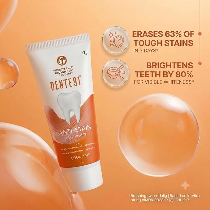 Dente..91 Anti-Stain Toothpaste Cool Mint 70g (Pack of 1) | Teeth Whitening, Enamel Protection, SLS Free, Fluoride Free, Paraben Free