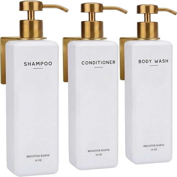 Luxury Shampoo and Conditioner Dispenser Set Wall Mounted by Brighter Barns - Refillable Shampoo Conditioner Body Wash Dispenser - No Drill Shower Soap Bottles for Guest Bathroom Decor, Airbnb (Gold)