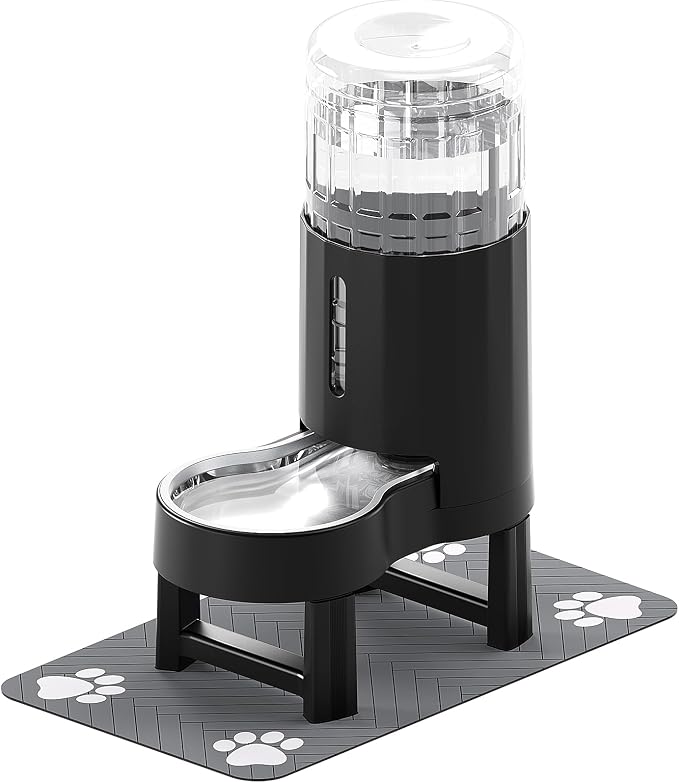 CZPET Elevated Dog Water Bowl Dispenser 8L (8L+Stand+Mat, Black) | With Stainless Steel Bowl Gravity Waterer, Large Capacity and Drinking Area Noise-Free for Pets