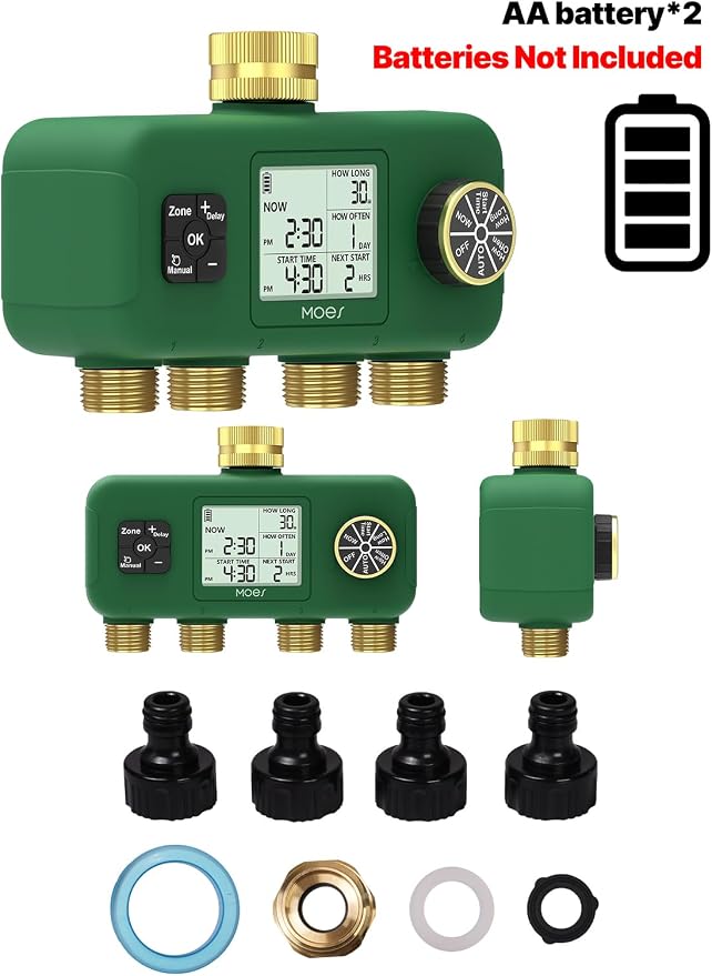 MOES 4 Zone Water Timer for Garden Hose, 1 in Inlet with 3/4 in Adapter, Brass Outlets, Battery Operated Sprinkler Timer, 4 Way Faucet Valve, Sequential Watering, Rain Delay, Non-WiFi