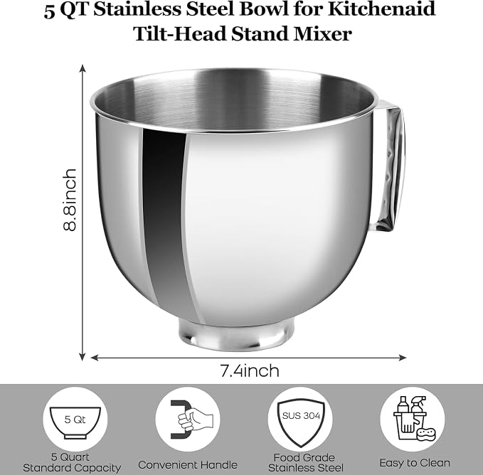 Stainless Steel Bowl Compatible with Kitchenaid Mixer 4.5/5QT，With Lid,5 Quart Stainless Bowl for Kitchen Aid Mixing,With Green Lid