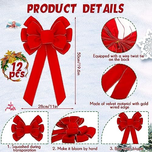 Lenwen 12 Pcs Large Christmas Velvet Bows Xmas Tree Topper,Red