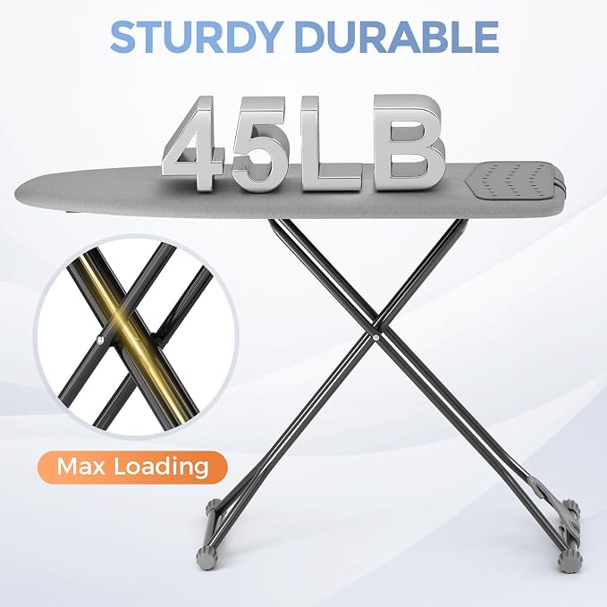 APEXCHASER Ironing Board, Compact Iron Board with Silicon Mat, Foldable Ironing Board with Heat Resistant Cover, 7 Height Adjustable, Space Saver Iron Board,13x43 Solid Grey