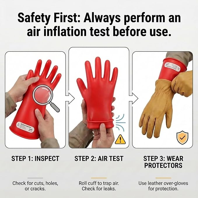 10KV Tested Electrical Insulated Gloves, Max Usage 3000V AC Natural Latex Safety Work Gloves for Electrician, Hybrid EV Car Repair, HVAC & Lineman - Red