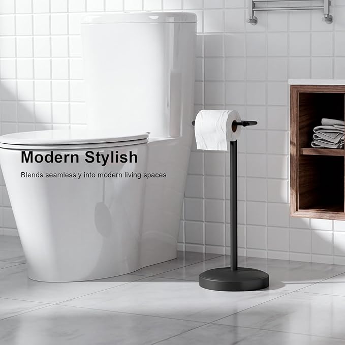 Freestanding Toilet Paper Holder Stand, Heavy Duty Matte Black Stainless Steel Toilet Paper Holder with Weighted Base, Rustproof & Tool-Free Installation for Modern Bathrooms