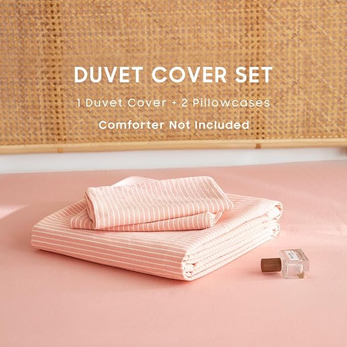 Wake In Cloud - Striped Cotton Duvet Cover Set, 100% Washed Cotton Textured Bedding Set, Ticking Stripe Pinstripe Farmhouse, 3 Pieces, Light Pink, Queen Size