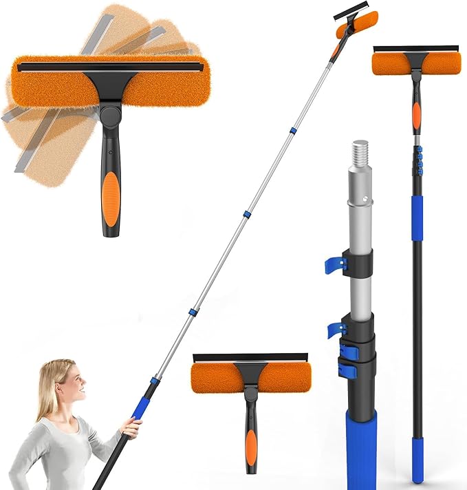 26FT Reach Window Squeegee for Window Cleaning Kit with 5-20 Foot Telescoping Extension Pole, 2 in 1 Window Squeegee, Cobweb Duster, Dust Kit Window Washing Kit for Car, Shower Glass Door